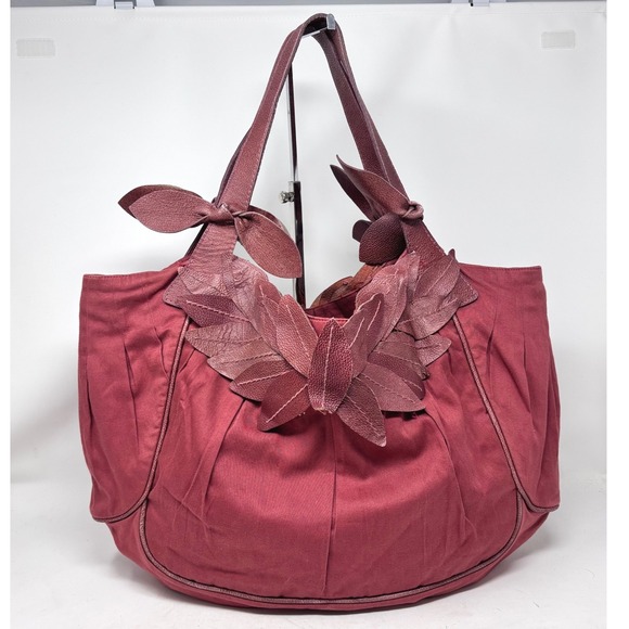Lucky Penny Hobo Shoulder Bag Cotton with‎ Red Leather Leaf Accent Anthropologie - Picture 14 of 14